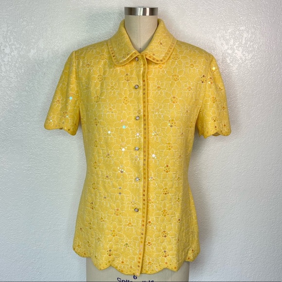 RARE Vintage 70s retro St. John yellow knit holographic daisy sweater top 6 - Picture 1 of 6